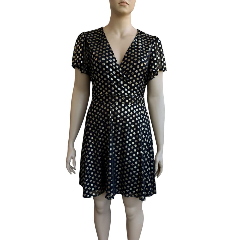 Torrid Black Metallic Gold Foil Dot Mesh Surplice Dress Pockets NWT 3 3X